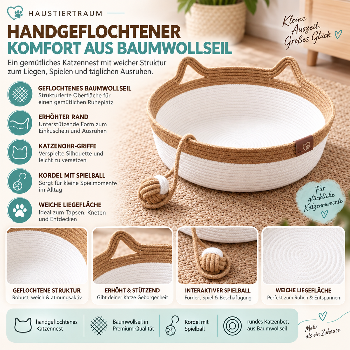 RevierNest - Geflochtenes Katzenbett mit Spielball
