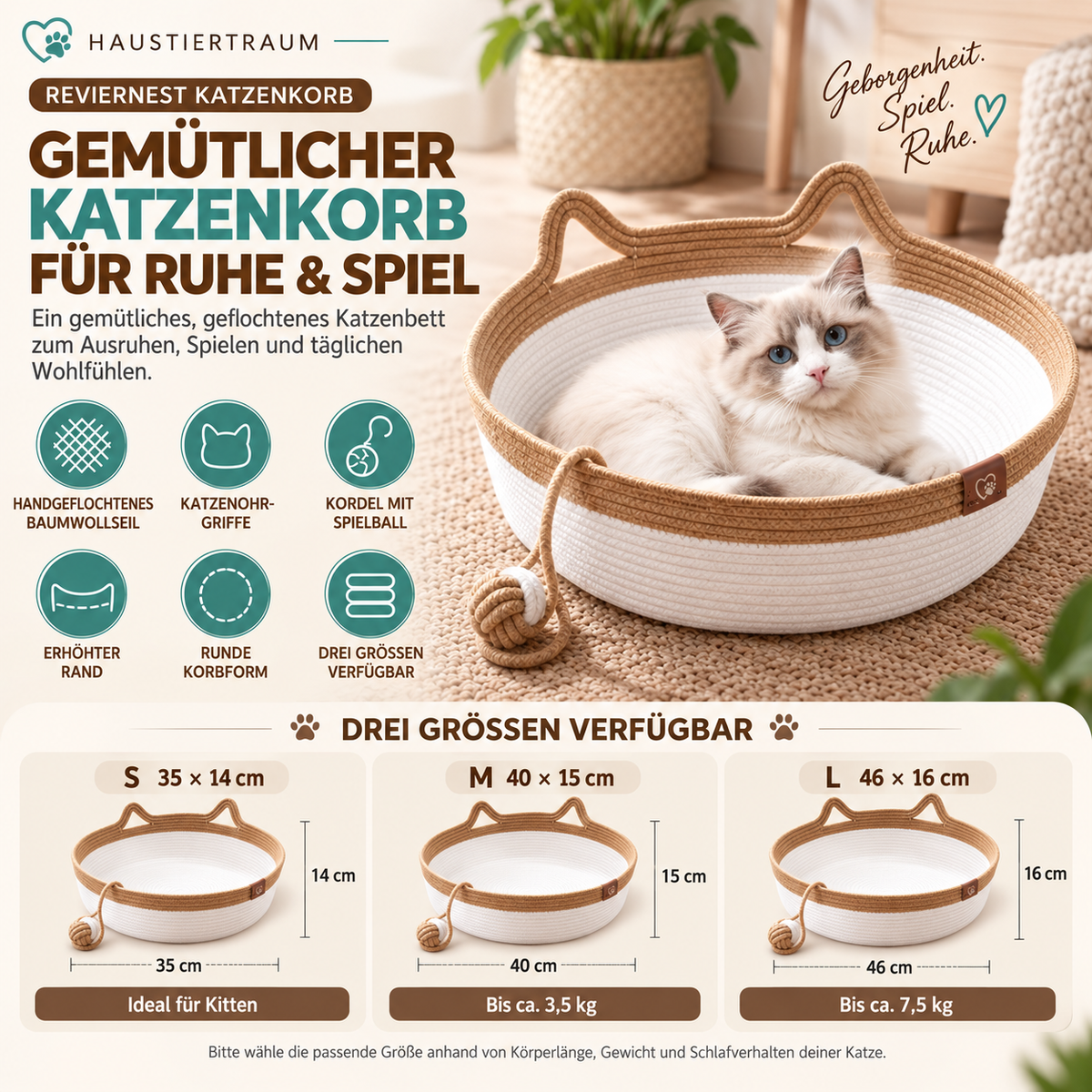 RevierNest - Geflochtenes Katzenbett mit Spielball